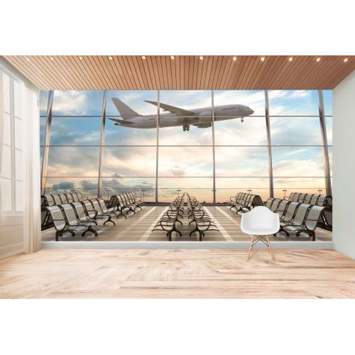 Airport terminal lounge with airplane on background. 3d illustration