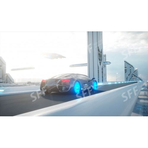 Black futuristic electric car very fast driving in town. 3d rendering