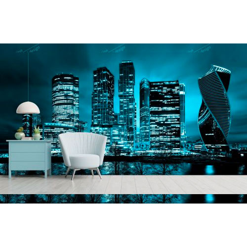 Moscow city skyscrapers and river at night